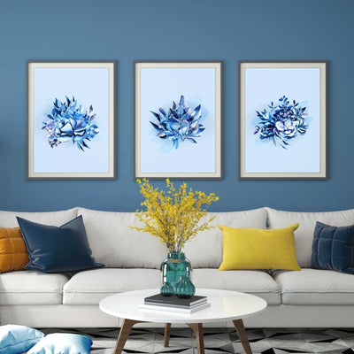 Set of 3 Blissful Blue Leaves botanical art prints by Claude & Leighton. Watercolour leaves and petals artwork ideal for living room art