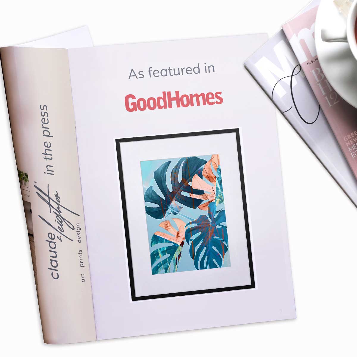 Blue & Copper Monstera Leaves abstract art print as seen in Good Homes magazine