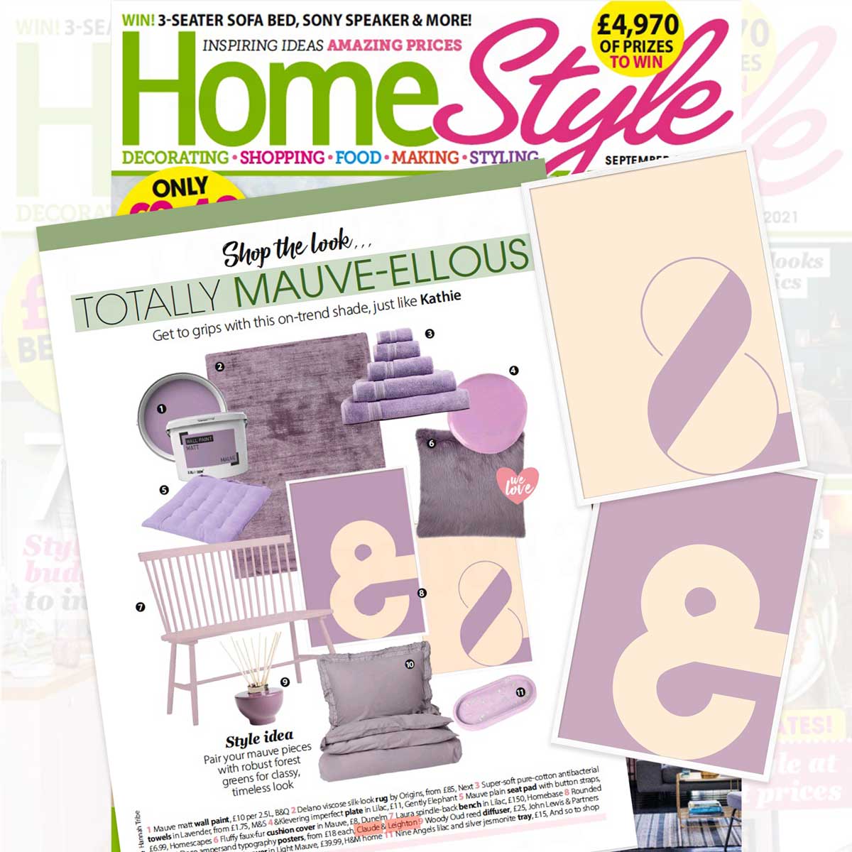 Lavender & champagne ampersand typography art prints featured in HomeStyle magazine