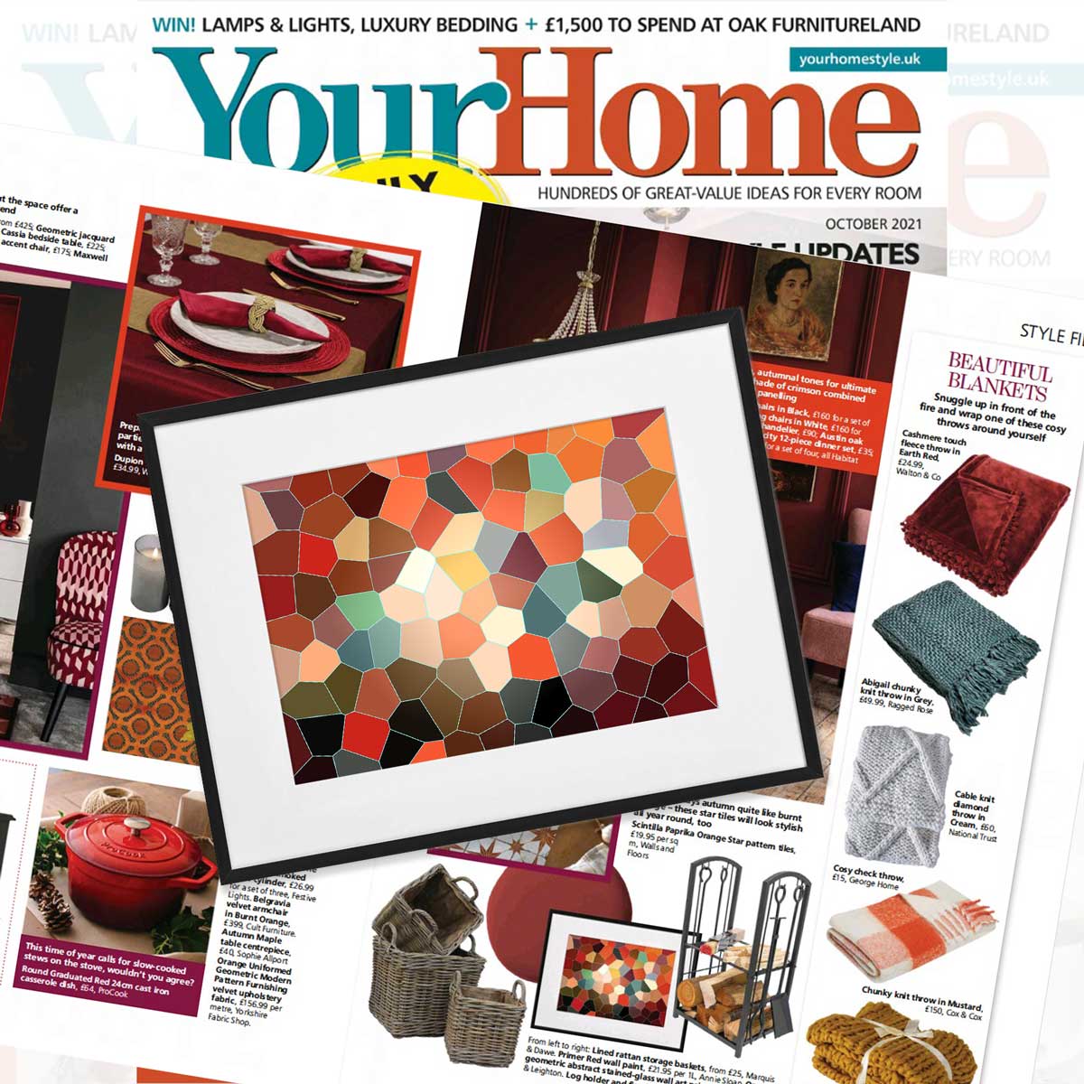 Orange geometric stained glass abstract art print as seen in Your Home magazine