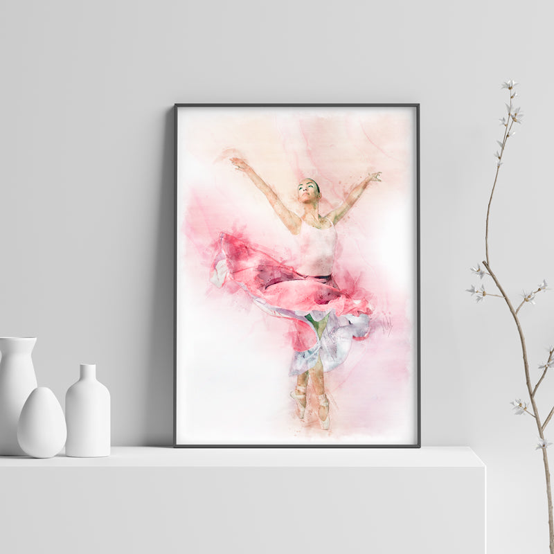 Fine art print of a dancer framed on a shelf - Ballerina with the Pink Skirt - Claude & Leighton