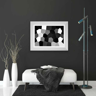 Black & white abstract geometric stained glass design art print by Claude & Leighton. Geometrical design home decor in black, white and grey ideal for homes & offices.