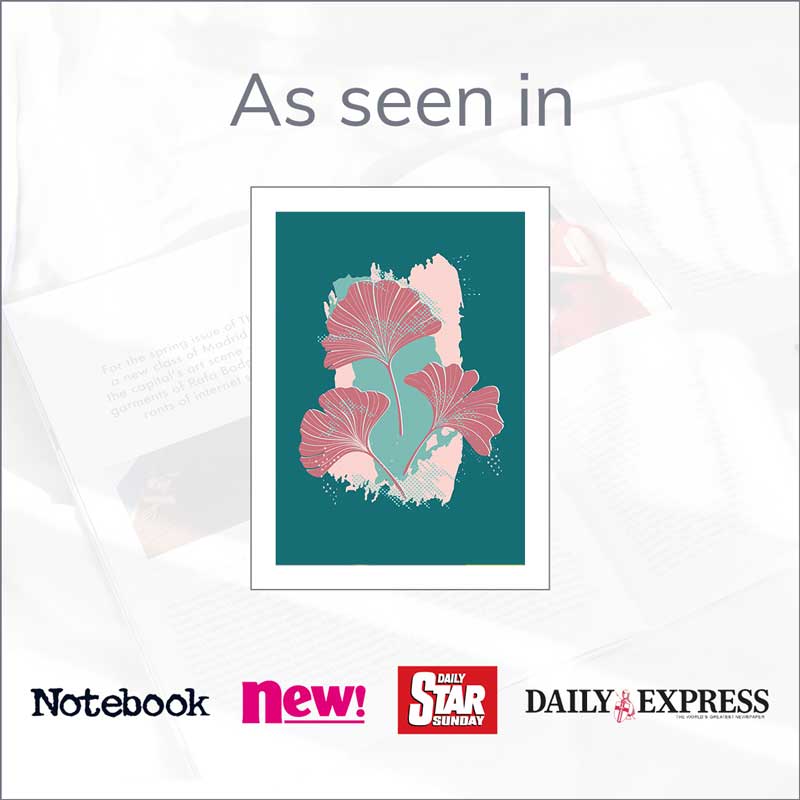 Dark Pink Ginkgo leaves on dark green botanical art poster -as seen in the press - Claude & Leighton