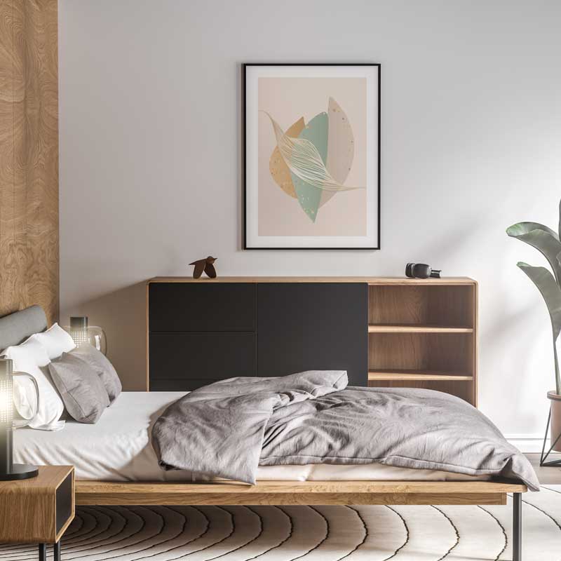 Gold Flake I Abstract Shapes Art Print by Claude & Leighton. Geometric design art in muted shades of pale green and gold ideal for relaxing, calm living and work spaces.