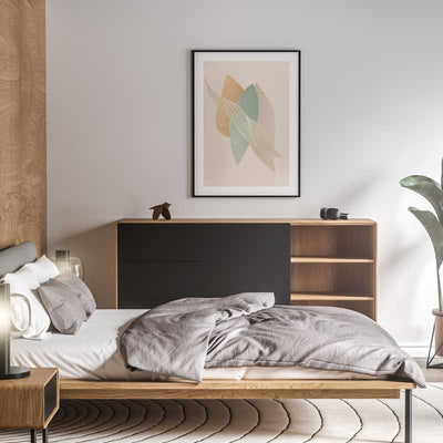 Gold Flake II Abstract Shapes Art Print by Claude & Leighton. Geometric design art in muted shades of pale green and gold ideal as calm bedroom art and for relaxing living and work spaces.