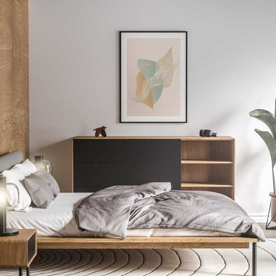 Gold Flake III Abstract Shapes Art Print by Claude & Leighton. Elegant geometric design art ideal as bedroom art. Muted shades of pale green and gold perfect for relaxing, calm living and work spaces.