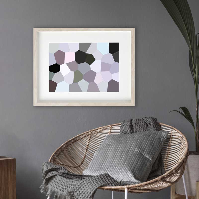 Lavender & grey abstract stained glass design geometric art print by Claude & Leighton. Lilac geometric design home decor for homes & offices.