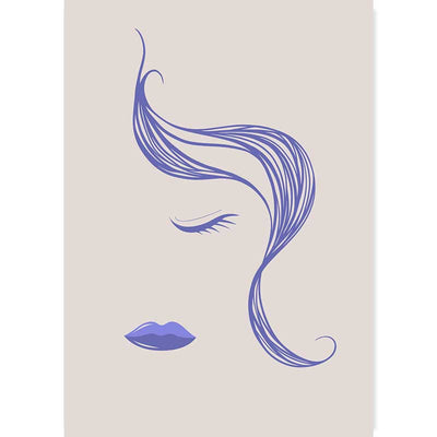 Very Peri Little Miss Abstract Lines Female Face Poster. Violet blue line drawing art print.