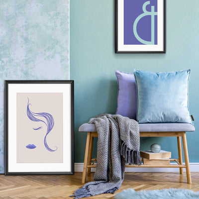 Very Peri Little Miss Abstract Lines Female Face Poster by Claude & Leighton. Violet blue line drawing art home decor ideal for Pantone Colour of the Year 2022 interiors schemes for homes & offices.