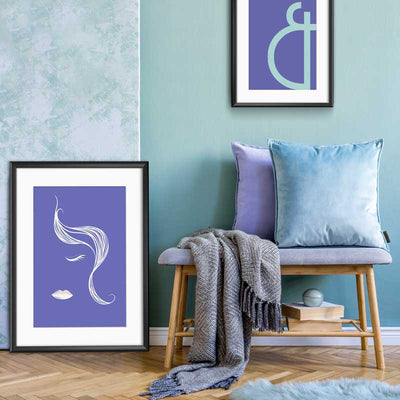 Very Peri & White Little Miss Abstract Lines Female Face Poster by Claude & Leighton. Violet blue line drawing art home decor ideal for Pantone Colour of the Year 2022 interiors schemes for homes & offices.