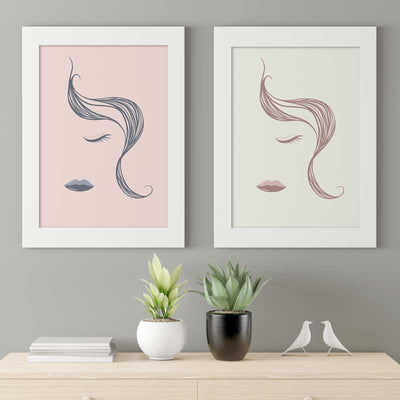 Little Miss Abstract Lines Female Face Posters in pink and grey versions - Claude & Leighton