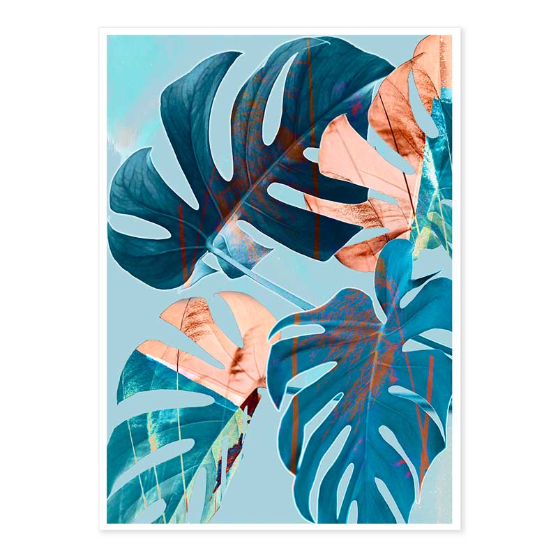Blue & Copper Monstera Leaves Abstract Wall Art Print