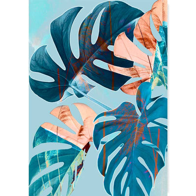 Blue & Copper Monstera Leaves Abstract Wall Art Print by Claude & Leighton