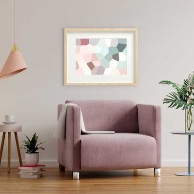 Pastel Pink & Green abstract stained glass design geometric art print by Claude & Leighton. Geometrical design home decor in beautiful pastel shades for living rooms, homes & offices.