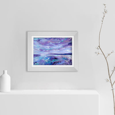 Purple Scottish seascape wall art print - Alba XVII by Jayne Leighton Herd - framed on shelf - Claude & Leighton