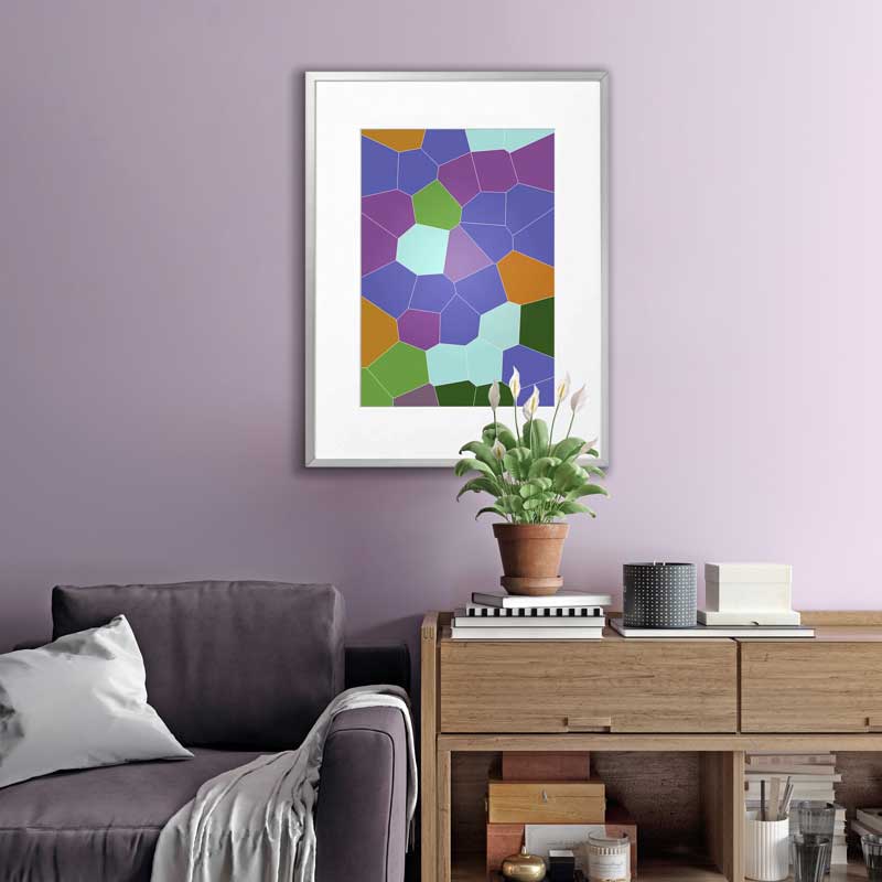 Wellspring abstract geometric stained glass design art print by Claude & Leighton. Geometrical design home decor ideal for Pantone 2022 Very Peri colour schemes for homes & offices.