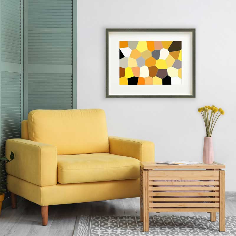 Yellow & Grey abstract geometric stained glass art poster by Claude & Leighton. Geometric design home decor for living rooms, homes & offices.