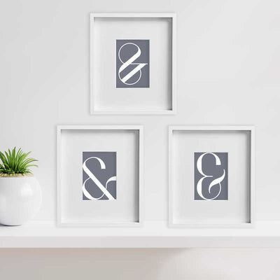 Grey Ampersand Typography gift set of 3 mini art prints (shown framed) by Claude & Leighton