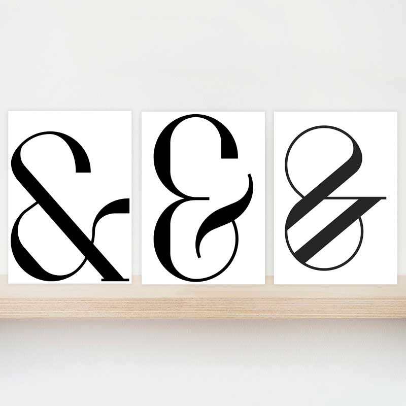 Black on white Ampersand Typography gift set of 3 mini art prints by Claude & Leighton