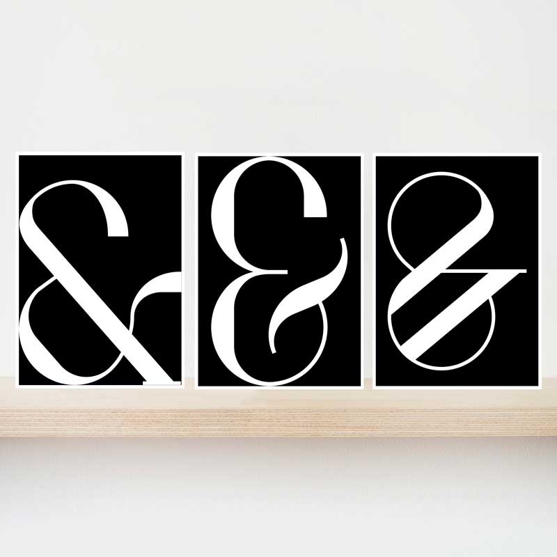 White on Black Ampersand Typography gift set of 3 mini art prints by Claude & Leighton