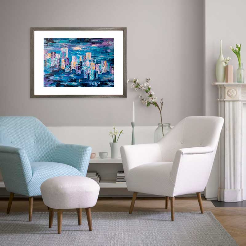 Blue Abstract Cityscape Art Print - framed lounge - Claude & Leighton