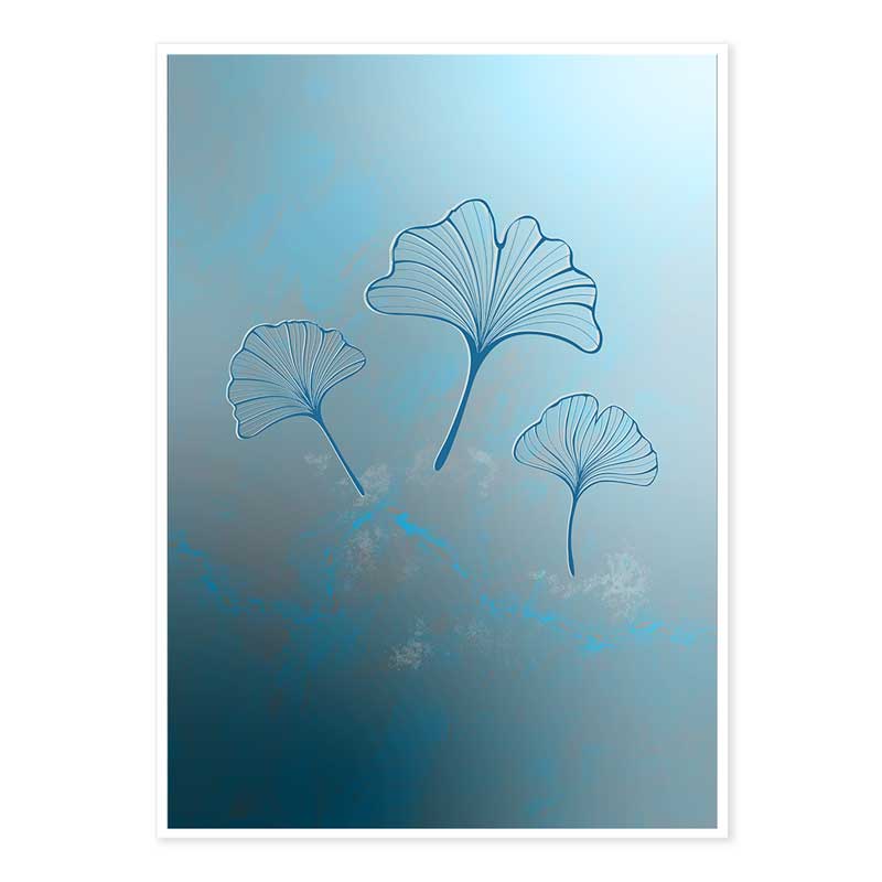 Blue Ginkgo Leaves Trio Dark Art Poster Print 5mm border - Claude & Leighton