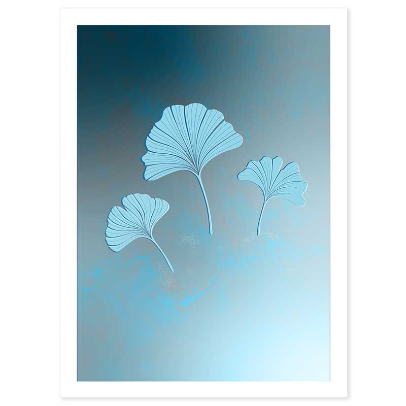 Blue Ginkgo Leaves Trio Light Art Poster Print 15mm border - Claude & Leighton