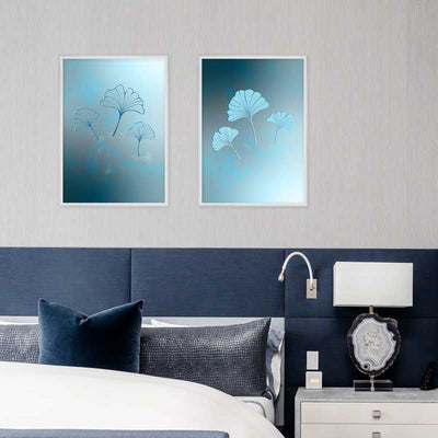 Set of two Blue Ginkgo Leaves Trio Light & Dark Art Posters Prints in bedroom - Claude & Leighton