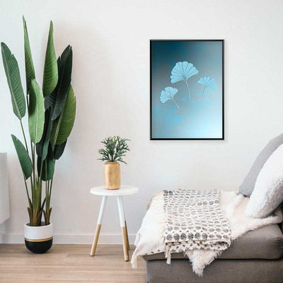 Blue Ginkgo Leaves Trio Light Art Poster Print in bedroom - Claude & Leighton