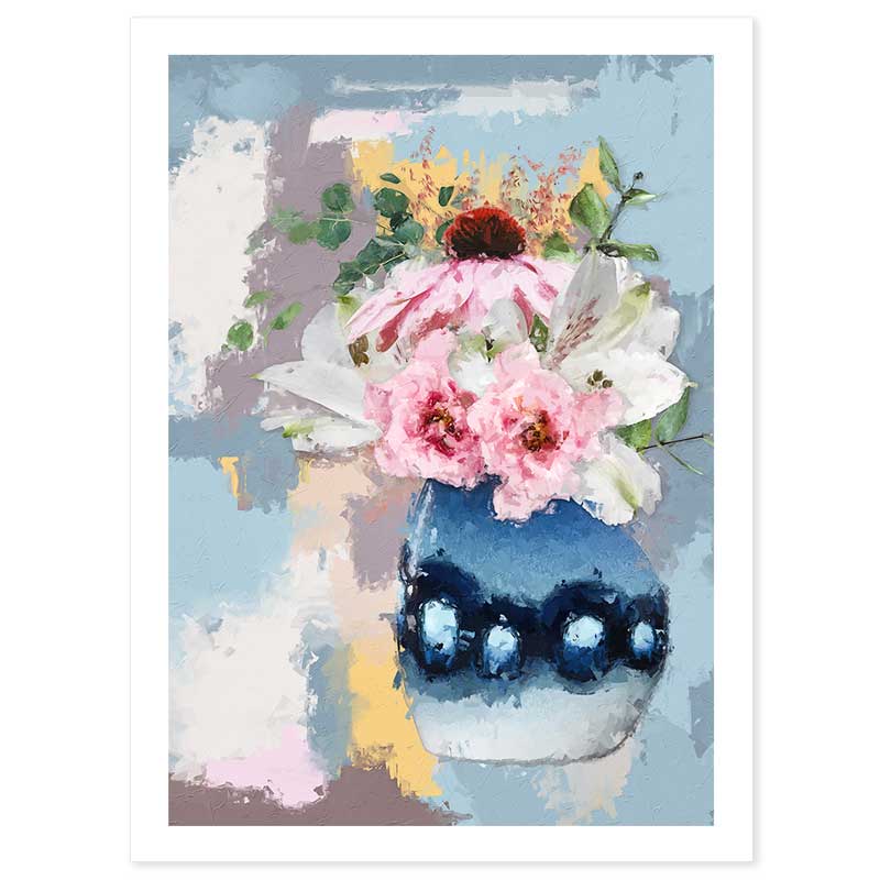 Blue Vase of Pink & White Flowers Art Print - 15mm border - Claude & Leighton