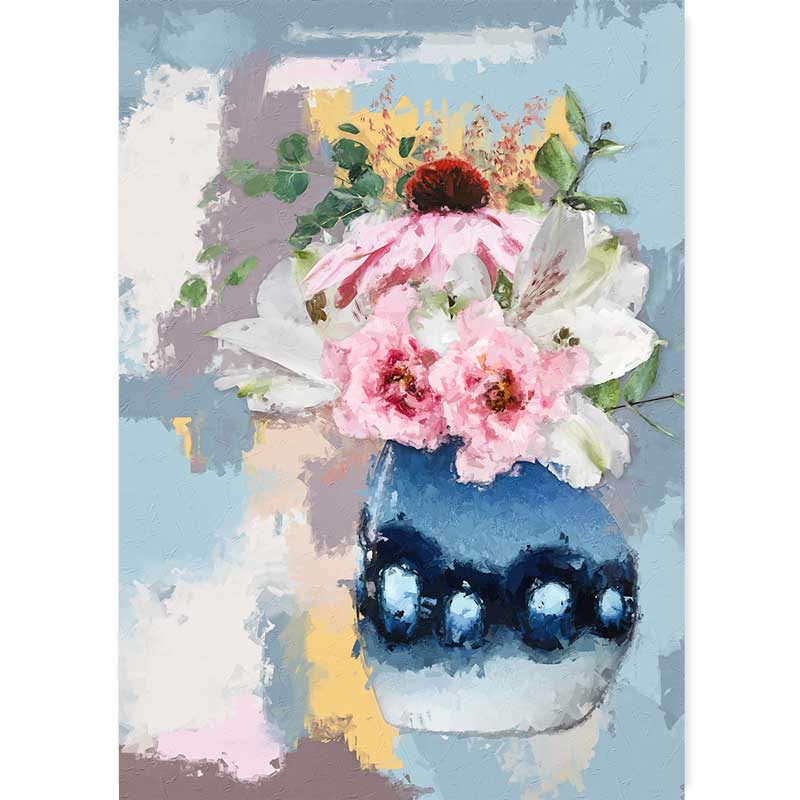 Blue Vase of Pink & White Flowers Art Print - Claude & Leighton