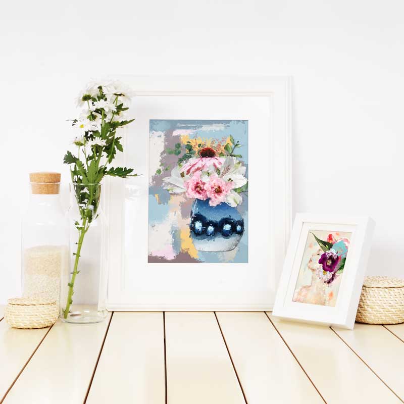 Framed Blue Vase of Pink & White Flowers Art Print - Claude & Leighton