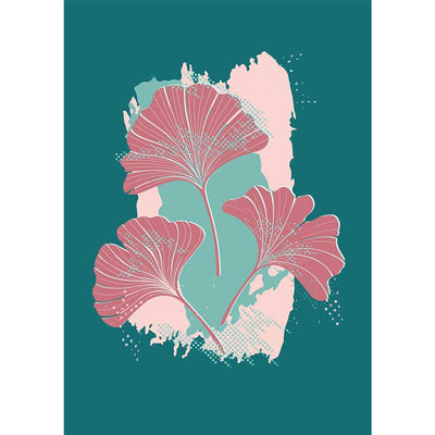 Dark Pink Ginkgo leaves on dark green botanical art poster - Claude & Leighton
