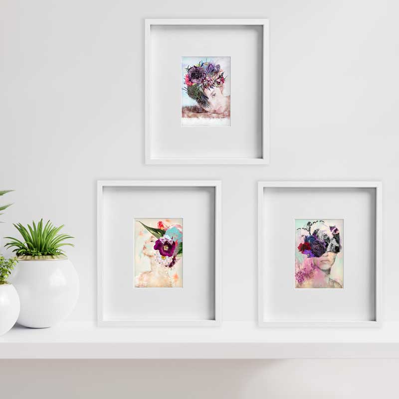 Claude & Leighton set of 3 Feminine portrait mini wall art prints shown framed