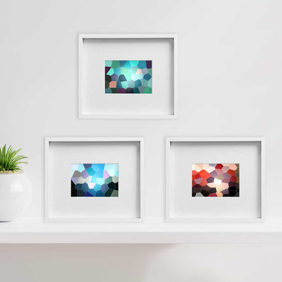 Geometric Abstract Stained Glass gift set of 3 mini prints shown framed in green, red and blue by Claude & Leighton