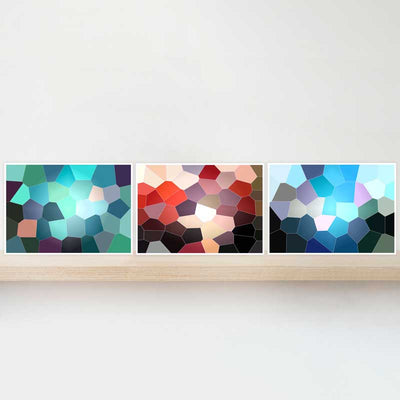 Geometric Abstract Stained Glass gift set of 3 mini prints in green, red and blue by Claude & Leighton