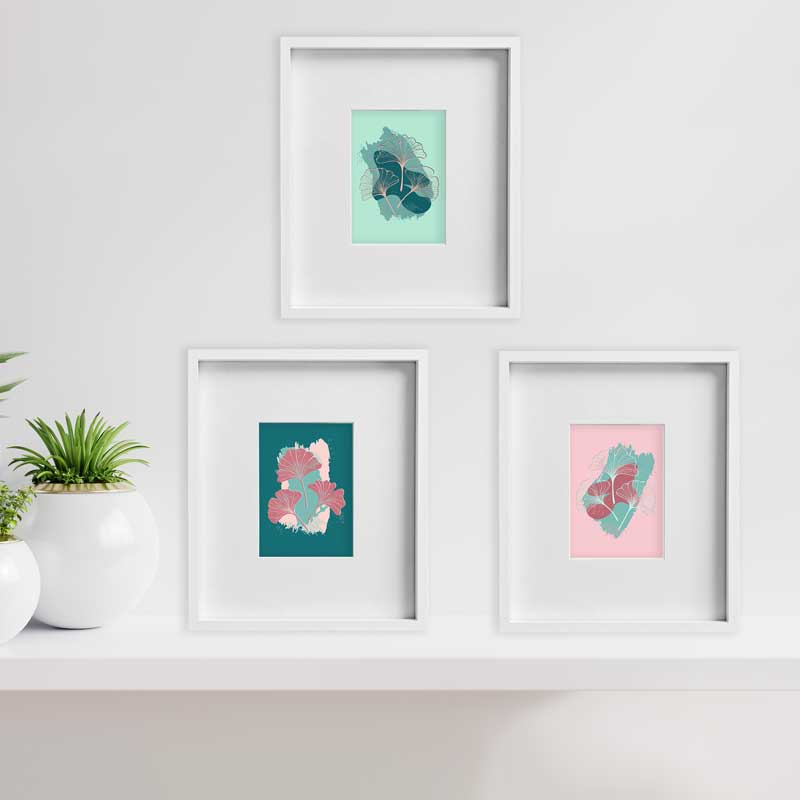 Claude & Leighton set of 3 Pink & Green Ginkgo Leaves mini wall art prints shown framed