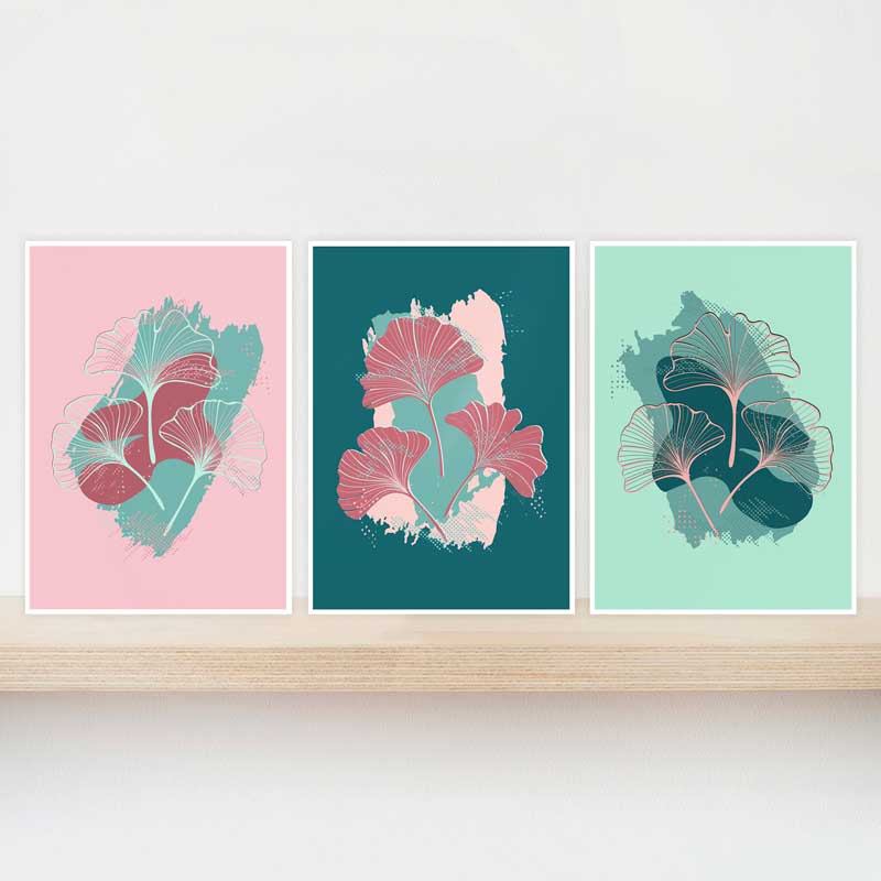 Gift set of 3 Pink & Green Ginkgo Leaves mini wall art prints at Claude & Leighton