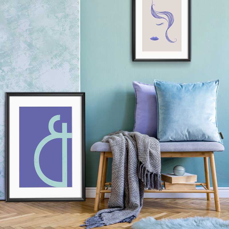 Very Peri Eggshell Blue Tall Ampersand Typography Poster by Claude & Leighton. And sign home decor ideal for Pantone 2022 Very Peri colour schemes for homes & offices.