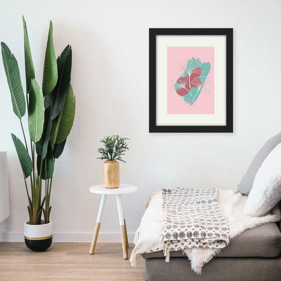 Green Ginkgo Leaves on Pink art poster adds Japanese style to a living room - Claude & Leighton