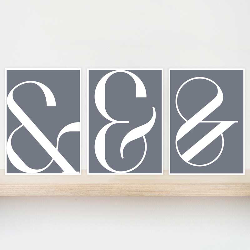Grey Ampersand Typography gift set of 3 mini art prints by Claude & Leighton