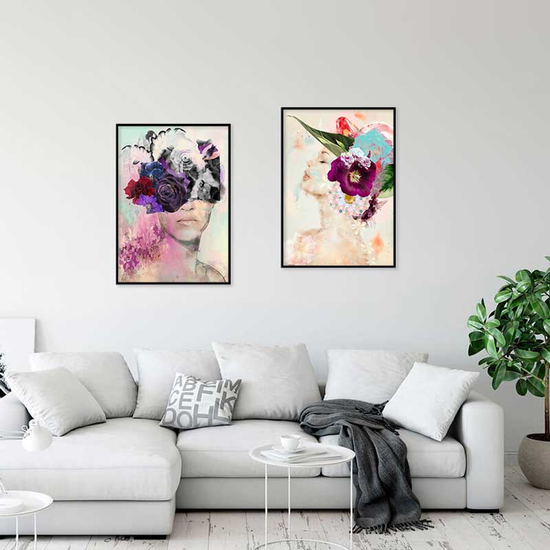Lady with the Magenta Flower Portrait Art Print on living room wall - Claude & Leighton