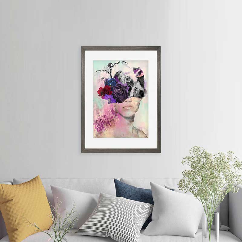 Portrait art print hanging above sofa - Lady with the Purple Rose - Claude & Leighton