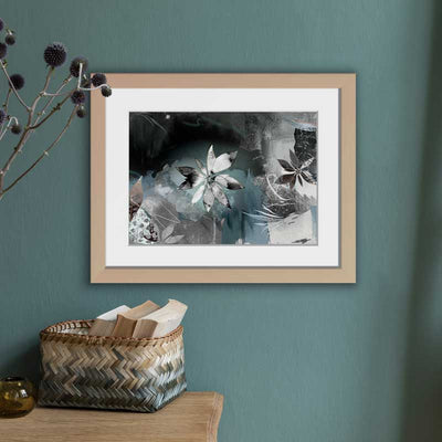 Midnight Garden abstract floral art print by Claude & Leighton. Fantasy floral abstract black, white & teal artwork ideal to hang in living & work spaces.