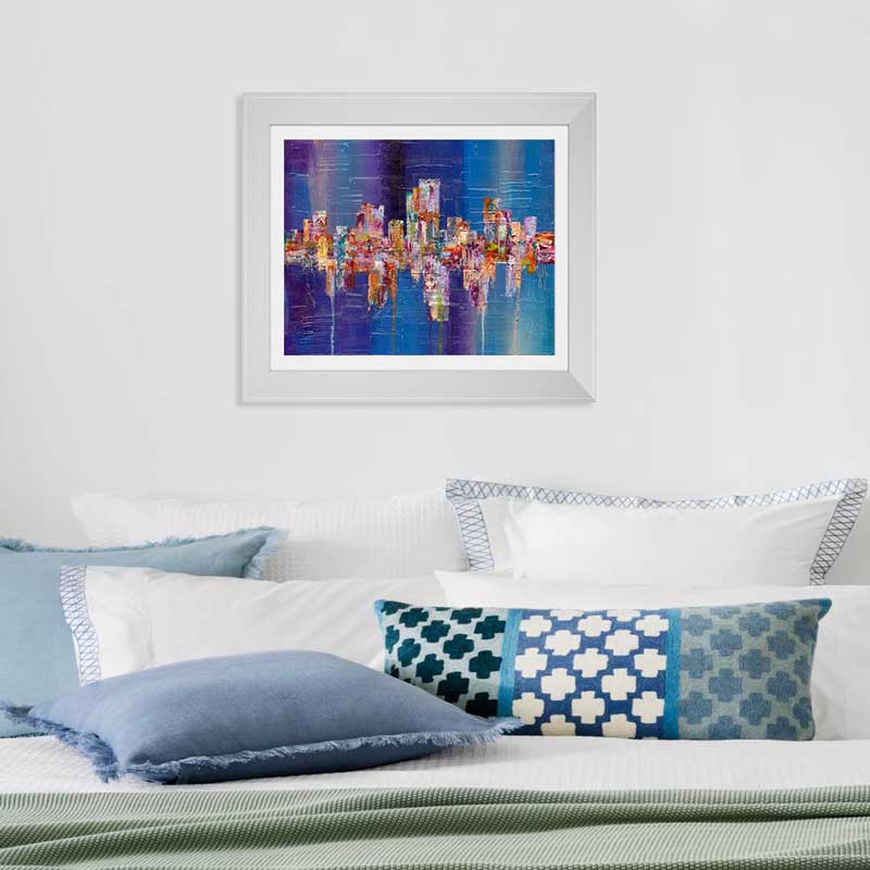 Blue & multicoloured abstract cityscape art print - insitu framed - Claude & Leighton