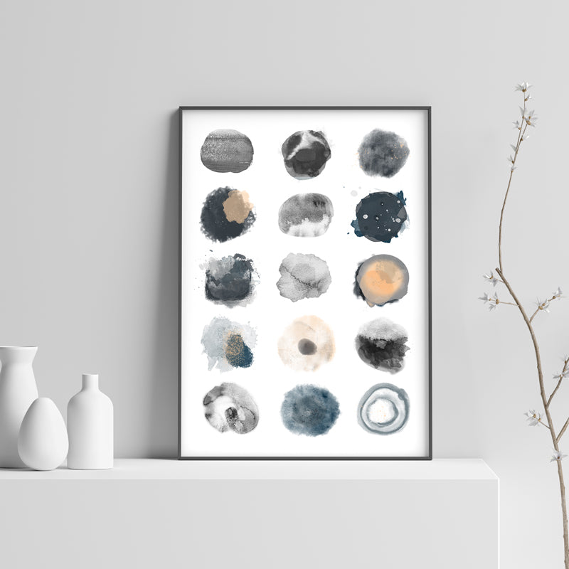 Geometric watercolour circles art print in grey and peach - framed on shelf - Claude & Leighton