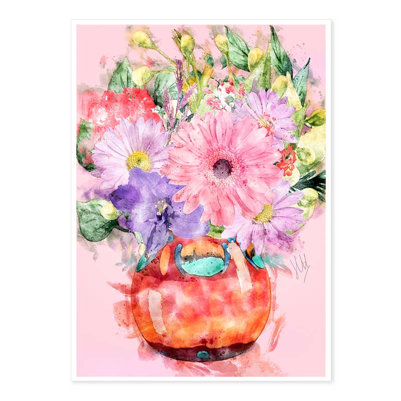 Orange Vase of Pink & Purple Flowers Art Print - 5mm borders - Claude & Leighton