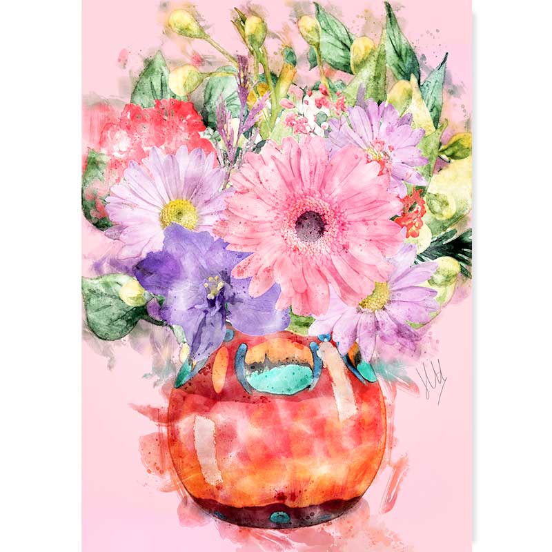 Orange Vase of Pink & Purple Flowers Art Print at Claude & Leighton