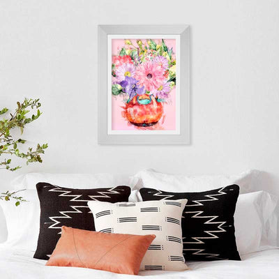 Orange Vase of Pink & Purple Flowers Art Print - framed in bedroom - Claude & Leighton