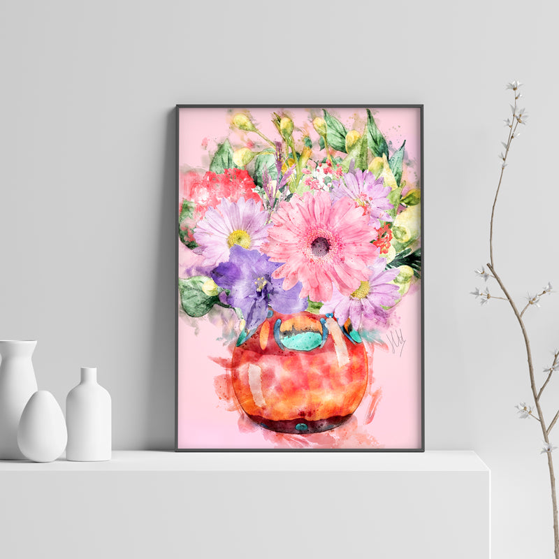 Orange Vase of Pink & Purple Flowers Art Print - lifestyle framed - Claude & Leighton